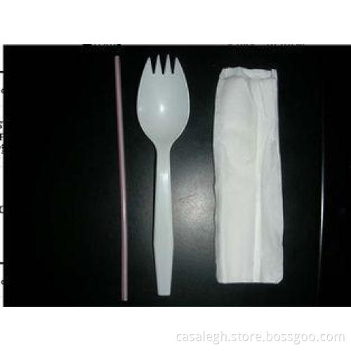 Spork Straw Disposable Plastic Cutlery / Napkin Kit For Fas